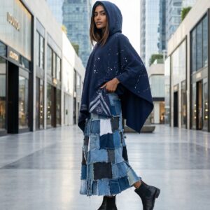 Recycled long jeans skirt